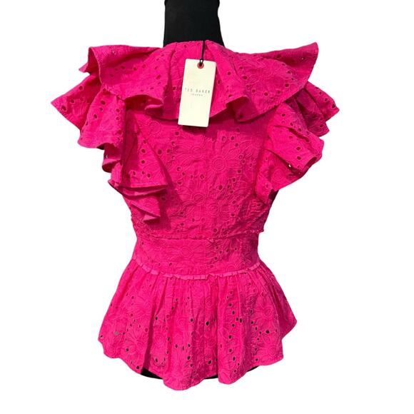 NWT! Ted Baker Mazieh Broderie Peplum Top in Bright Pink - Size 1 (US Size 4) - Picture 7 of 10